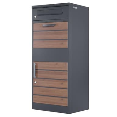 Zelsius Paketbriefkasten | RAL7016 Anthrazit | verzinkter pulverbeschichteter Stahl mit dunkelbraunen Holzoptik Elementen | Briefkasten mit Paketfach, integrierte Rückholsperre, Bodenmontage Paketbox