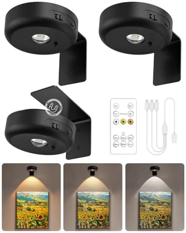 GOODEA Bilderleuchte Kabellos 2200mAh Aufladbar LED Spot Akku mit Fernbedienung und Timer- 3 Farben Dimmbar Bildbeleuchtung Kabellos Licht für Wand Bild Vitrinen Halloween Beleuchtung, 3er Set