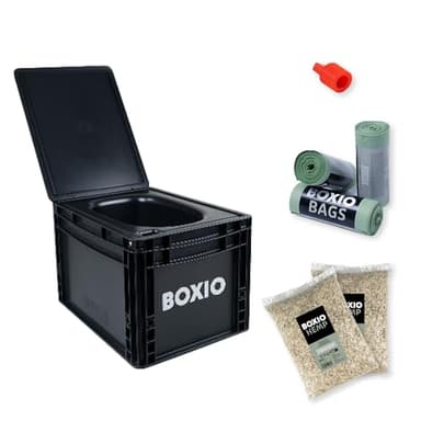 BOXIO - Toilet Plus: Campingtoilette Starter Kit mit Hemp, Plug & Bags, Mobile Trockentrenntoilette ohne Chemie für Camping, Van, Outdoor, Dachzelt: Toilette auf Eurobox Basis ohne Strom für unterwegs