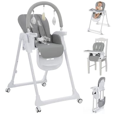 Hochstuhl Baby 4 in1 Kinderhochstuhl mit Spielbügel 7 höhenverstellbar faltbar Kinderstuhl mit Sitzerhöhung/Booster Funktion PU-Sitz, Rollen & 2 Tablett Grau