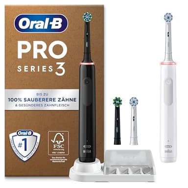 Oral-B Pro Series 3 Elektrische Zahnbürste Doppelpack — Electric Toothbrush, Inkl. 4 Aufsteckbürsten — 3 Putzmodi für Zahnpflege, Zahnbürste Elektrisch, Designed by Braun, Schwarz und Weiß