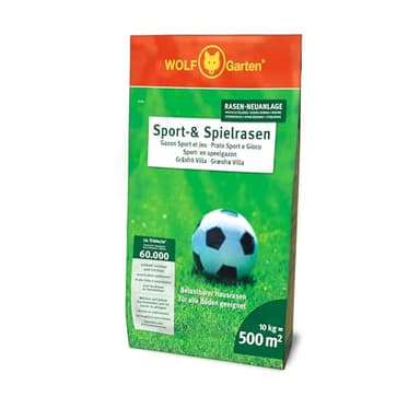 WOLF-Garten Sport- & Spielrasen LG 500 (für 500 m², schnell nutzbar & trittfest, strapazierfähiger Rasen für Sport- & Spielplätze, Hausgarten, für alle Bodenarten geeignet, 10 kg Papiersack) 3825041