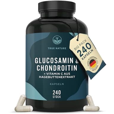 Glucosamin Chondroitin hochdosiert - 240 Kapseln mit 2600mg Glucosamin & Chondroitin pro Tag - mit Vitamin C (trägt zur normalen Kollagenbildung bei) - Pharmazeutische Qualität - TRUE NATURE