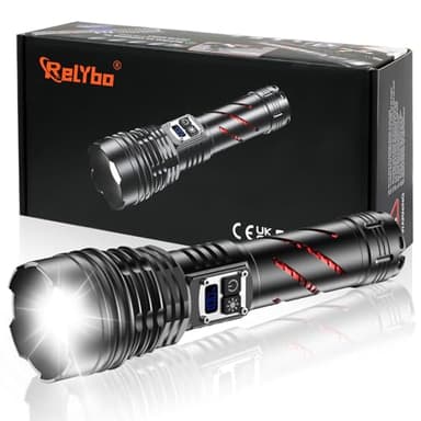 Relybo Taschenlampe LED Aufladbar 1000000 Lumen, LED Taschenlampe Extrem Hell, 2 Schalter Stufenlos Dimmbar, Starke Taktische Taschenlampe USB Batteriebetrieben Flashlight Für Outdoor Notfälle Camping