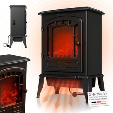 Juskys Elektrokamin 2000 W – Schwarz, elektrischer Standkamin mit Flammeneffekt, 2 Heizstufen, Thermostat & Sicherheitsabschaltung für Wohnzimmer