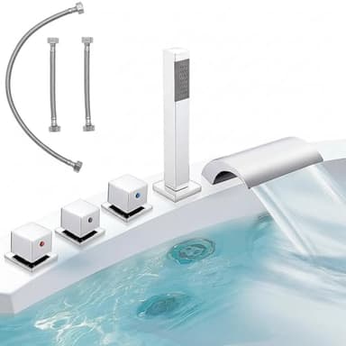 Melko Badewannenarmatur Wannenrand 5-Loch Wannenrandarmatur Chrom Badezimmer Armatur Set mit Wasserfall Einlauf und Handbrause