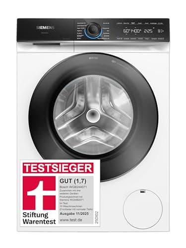 Siemens WG44B2071, Stiftung Warentest Testsieger*, iQ700, Smarte Waschmaschine 9 kg, 1400 UpM, Made in Germany, schneller Waschen mit speedPack XL, Antiflecken-System, smartFinish für weniger Falten