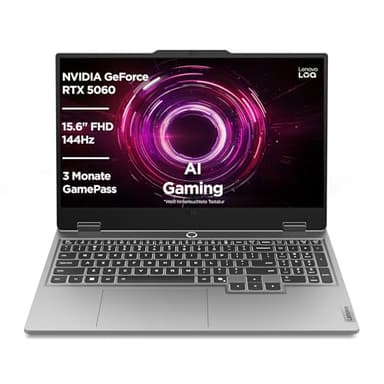 Lenovo LOQ Gaming AI Laptop | 15.6" Full HD 144Hz | NVIDIA GeForce RTX 5060 8GB | AMD Ryzen 7 250 | 16GB RAM | 1TB SSD | Win11 | QWERTZ | Weiss-Beleuchtete Tastatur | Grau | 3 Monate Game Pass