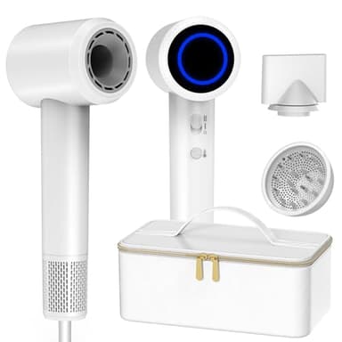 Haartrockner mit Tragetasche, 3Min Schnelltrocknung|180.000 U/min Hochgeschwindigkeits Ionen Föhn, 300 Million Negativ Ionen Fön, Geräuscharmer Haarföhn Thermocontrol, Reisefön mit Diffusorr Düse-Weiß