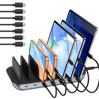 SooPii Premium 140W 7-Port USB C Ladestation für mehrere Geräte, 20W PD Schnellladen pro Port für Smartphone und Tablet, 7 gemischte Kabel inklusive, Schwarz