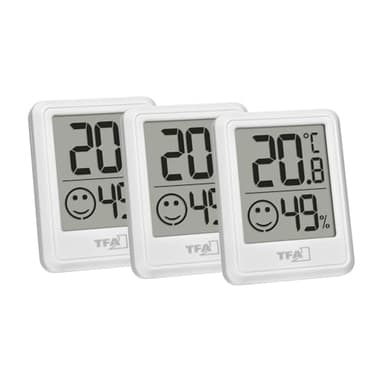 TFA Dostmann Digitales Mini Luftfeuchtigkeitsmesser Innen 3er Set, 30.5060.02.03, Raumthermometer, Hygrometer, Feuchtigkeit und Temperatur messen, zur Raumklimakontrolle, inkl Batterie, weiß