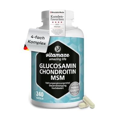 VITAL-Komplex mit Glucosamin, Chondroitin, MSM, hochdosiert, 240 Kapseln für 2 Monate mit Vitamin C, Natürliche Nahrungsergänzung ohne Zusätze, Made in Germany