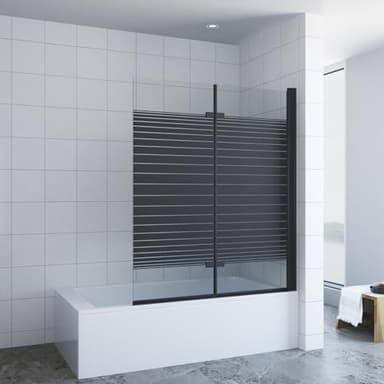 Duschabtrennung Badewanne ohne bohren schwarz Streifen 120 x 140 cm Badewannenaufsatz 2 Teilig faltbar Duschtrennwand Faltwand Badewannenfaltwand Duschwand Glas Dusche 5 mm Sicherheitsglas ESG NANO