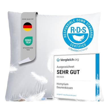 Homyrium Daunenkissen 80x80 Kopfkissen 80x80 Daunen Federkissen Dreikammer Kissen FÜLLUNG: außen 90% Daunen / 10% Federn; innen 100% Federn, 100% Baumwollbezug (1600g, 1er Pack)