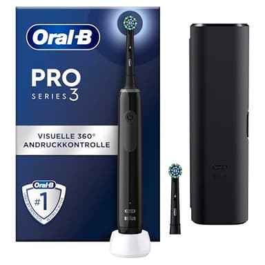Oral-B Pro Series 3 Elektrische Zahnbürste — Electric Toothbrush, Inkl. 2 Aufsteckbürsten, Reise-Etui und 3 Putzmodi für Zahnpflege — Designed By Braun, Schwarz