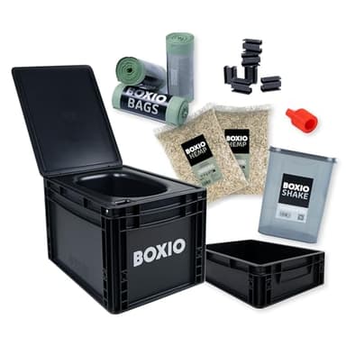 BOXIO - Toilet Max+: Campingtoilette Komplettset, Mobile Trockentrenntoilette ohne Chemie für Camping, Van, Outdoor, Dachzelt: Toilette auf Eurobox Basis ohne Strom für unterwegs, schwarz, 40x30x28