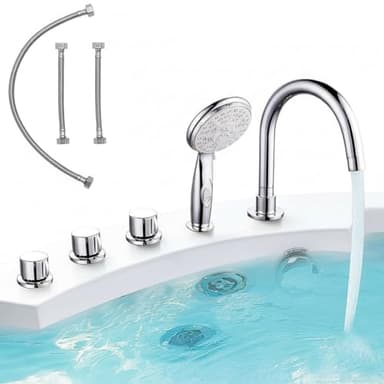 Melko Badewannenarmatur mit Handbrause 5-Loch Wannenrandarmatur Chrom Fliesenrandarmatur Aufsatz-Wasserfall-Badewannenarmatur