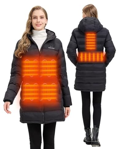 HEWINZE Beheizter Puffermantel mit Kapuze für Damen – elektrische Dual-Control-Heizjacke mit 7,4-V-Akku, EU-Mittel, Schwarz