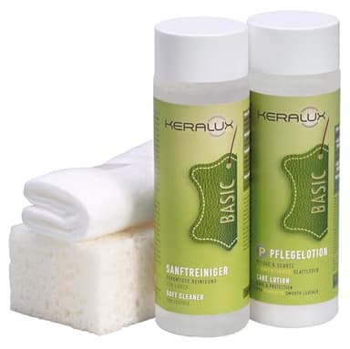 KERALUX 4-teiliges Pflegeset P für pigmentierte Glattleder, 200 ml Reiniger, 200 ml Pflege, Schwamm, Tuch. Mit Imprägnierung und Lichtschutz