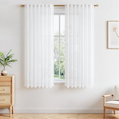 MRTREES Weiße Gardinen Kurz Fenster Küche Modern Gardinenschals 2er Set H 145 x B 140 cm, Vorhang Leinenoptik Weiss Halbtransparent für Wohnzimmer Schlafzimmer, mit Verdeckten Schlaufen