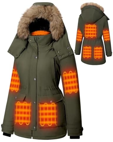 Hecusma Olivgrün Beheizbare Jacke Damen mit 18400mAh 12V Powerbank, Parka Heizjacke Damens, Parka Damen Winter Beheizte Jacke mit Abnehmbarer Kapuze im Freien-M