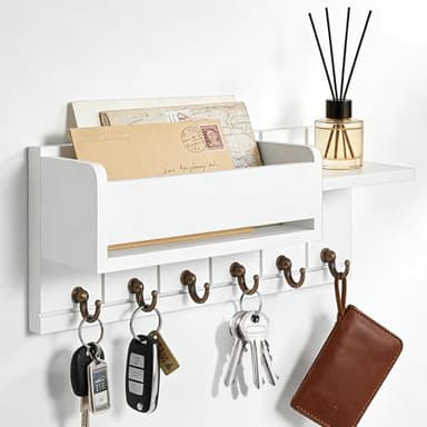 WGIDSKKI Schlüsselbrett mit Ablage und 6 Haken Weiß Holz Schlüsselhalter Wand Schlüsselbrett Weiß Schlüsselanhänger Organizer für Schlüssel und Post modernes Design für Flur und Eingang