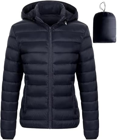 Chrisuno Leichte kurze Pufferjacke für Damen, verstaubar, gesteppt, warm, Wintermantel mit abnehmbarer Kapuze, Marineblau, M
