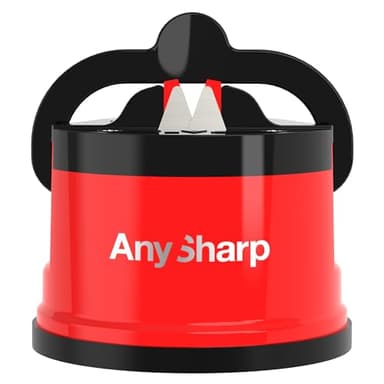 AnySharp Messerschärfer | Freihändige Sicherheit, PowerGrip Saugnapf | Sicheres Schärfen aller Küchenmesser | Ideal für gehärteten Stahl & Wellenschliff | Weltbeste Qualität | Kompakt | Rot