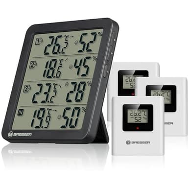 Bresser Quadro NV Thermo-Hygrometer mit 4 Messpunkten, integrierter Sensor und 3 Funksensoren, Smiley-Komfortindikator, Min/Max-Speicher, IP44, schwarz, wenig