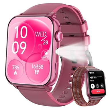 IOWODO Smartwatch Damen 2025 | Bluetooth Anrufe & LED-Leuchte | SpO2 & Schlafüberwachung | 350mAh (6+ Tage) | 2 Armbänder (Silicone/Nylon) | Fitnessuhr für Android & iOS