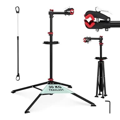 Relaxdays Fahrradmontageständer Reparaturständer mit Werkzeugablage – klappbar & höhenverstellbar – schwarzer Montageständer vierbeinig stabil mit festem Stand – Stahl pulverbeschichtet, 10017183, STANDARD