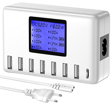 USB Ladegerät, 60W 8 Ports USB Ladestation 12A USB C Ladegerät mit LCD Display für mehrere Geräte, USB C Hub Ladegerät für iPhone iPad Android Samsung Huawei Tablet Kindle