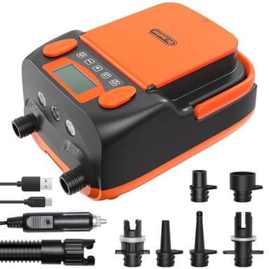 Dr.meter 6000mAh Wiederaufladbare Elektrische SUP Pumpe, SUP Pumpe Elektrisch Akku mit Auto-Off, Kann 4 SUPs Aufladen, 2 USB Anschlüssen und 3 LED Lichtern für SUP-Boards, Boote, Zelte, Kajak