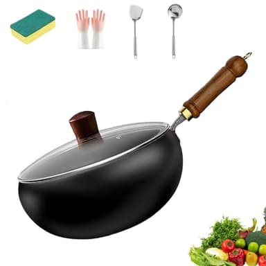 Japanische Eisenpfanne, Handgefertigte Unbeschichtete Antihaftpfanne Aus Reinem Eisen, Eisenpfanne Geschmiedet Mit Deckel Kochen, Gasherd Und Induktionsherd zum Kochen, Braten (Glasdeckel,28CM)