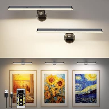 Bilderleuchte Kabellos LED Bildbeleuchtung Akku, 31cm 6000mAh Wandleuchte Ohne Stromanschluss,Dart Beleuchtung Licht 3 Farbtemperaturen Dimmbar mit Fernbedienung&Timer, für Malen,Foto,Portrait-2 Stück