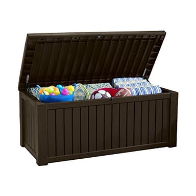 Koll Living Auflagenbox/Kissenbox 570 Liter l 100% Wasserdicht l mit Belüftung dadurch kein übler Geruch/Schimmel l Moderne Holzoptik l Deckel belastbar bis 250 KG (2 Personen) (Braun)