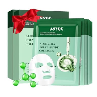 ASYBO 20 Stück Collagen Maske, Aloe Vera Polypeptid Kollagen Gesichtsmasken Hautpflege, feuchtigkeitsspendende Gesichtsblättermaske für Akne, nach der Sonne, beruhigend, Anti-Aging und Anti-Falten