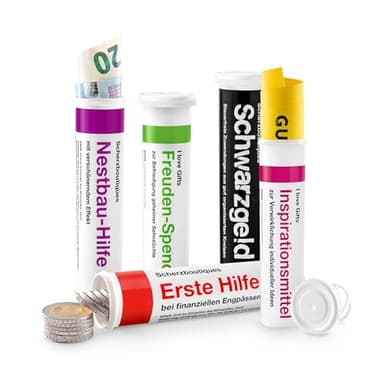 Geld- & Geschenkröhrchen MIX SET Nr. 1 im Medikamenten-Stil, 5 x lustige Motive zum Geld-verschenken, origineller Geldgutschein für Weihnachten Nikolaus Hochzeit Konfirmation Jugendweihe Umzug
