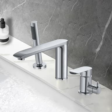 PHASAT 3 Loch Badewannenarmatur, Wannenrand mit Ausziehbarem Handbrause Chrom, Wannenrand Badewanne aus Messing Mischbatterie