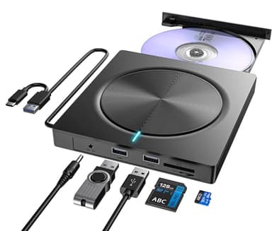 Externes CD DVD Laufwerk USB 3.0 Typ-C, DVD Laufwerk Extern mit SD/TF-Kartenleser und 2 USB-A Anschluss, Portable RW DVD Brenner Extern für Laptop, Desktop, MacBook, iMac, Win 11/10/8/7/XP/Linux/MacOS