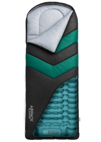 Rangland Schlafsack mit integriertem Pad (AirPack Sleeper) – All-in-One aufblasbare Isomatte und Reißverschlussdecke für Camping mit integrierter Fußpumpe (Schwarz/Grün), 210 x 80 cm