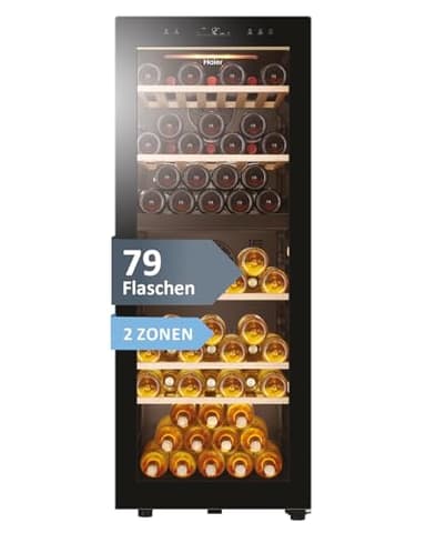 Haier Weinkühlschrank 50 SERIE 5 HWS79GDG I Weinklimaschrank für 79 Flaschen I Neue Technologie für beste Lagerung I Weinkühlschrank 2 Zonen, UV-Glastür & 5 Holzregalen I Wine Fridge vibrationsarm