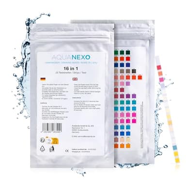 AQUANEXO 25x oder 50x Wassertester Trinkwasser 16-in-1 Werte, pH Teststreifen, Wasserhärte Teststreifen, Wasserhärte messen, pH Wert Teststreifen, Trinkwasser Teststreifen, Trinkwassertest (25)