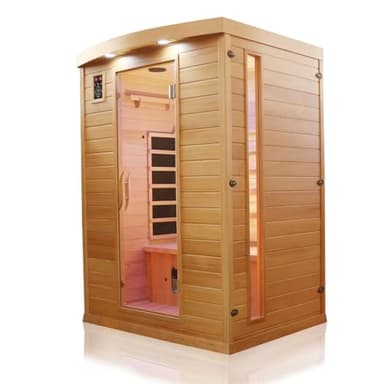 Dewello® Infrarotkabine Infrarotsauna Pierson 135cm x 105cm 1-2 Personen aus Hemlock Holz mit Vollspektrumstrahler, Bodenstrahler, LED-Farblicht, Bluetooth, FM,MP3,USB