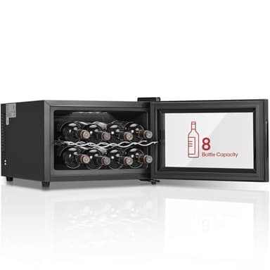 FOHERE Weinkühlschrank für 8 Flaschen, Tisch-Weinkühlschrank mit Glastür, 22 Liter LED + Digitalanzeige, Getränkekühlschrank mit Glastür, 8-18 °C, Einzelzone