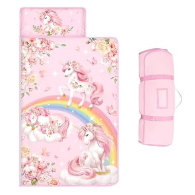 Schlafsack Kinder,Warm Kinderschlafsack mit Kissen Abnehmbar und Decke für Mädchen Jungen, Faltbare Deckenschlafsack für Indoor Outdoor Camping,150×60cm,Einhorn