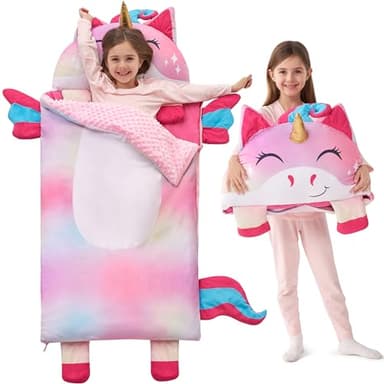 JOIEDOMI Farbiges Einhorn 60" x 27" Schlafsack für Kopfkissen Reißverschluss mit Kissen und Decke–Kinder ab 3 Jahren – Kinderschlafsack – für Jungen und Mädchen im Kindergarten