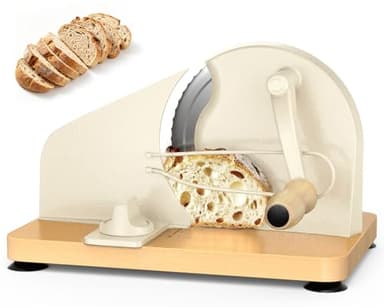 Brotschneidemaschine Manuell mit Skalenlinien & Saugnäpfen, Einstellbare Dicke Gleichmäßige Scheiben, Rostfreien Stahlklinge Design für Private und Kommerzielle Nutzung(Beige)