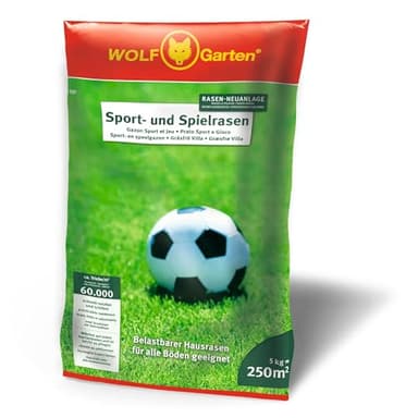 WOLF-Garten Sport- & Spielrasen LG 250 (für 250 m², schnell nutzbar & trittfest, strapazierfähiger Rasen für Sport- & Spielplätze, Hausgarten, für alle Bodenarten geeignet, im 5 kg Beutel) 3825030