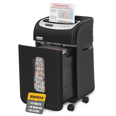 Aktenvernichter für Büro, 18 Blatt Mikro-Cut (P4) Papierschredder, VidaTeco Reisswolf mit 60 Minuten Laufzeit, Zerkleinert und Kreditkarten, Schredder mit 30L Auszugseimer & 4 Räder, Schwarz